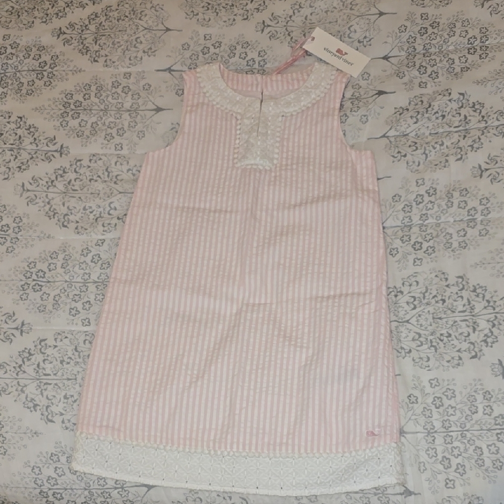Vineyard Vines girls pink and white seersucker tunic dress eyelet trim size 5